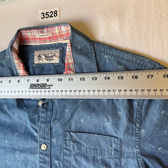 Penguin Men Button Down Shirt Size S Shortsleeve Coconut Print Denim Classic Fit - Picture 2 of 8